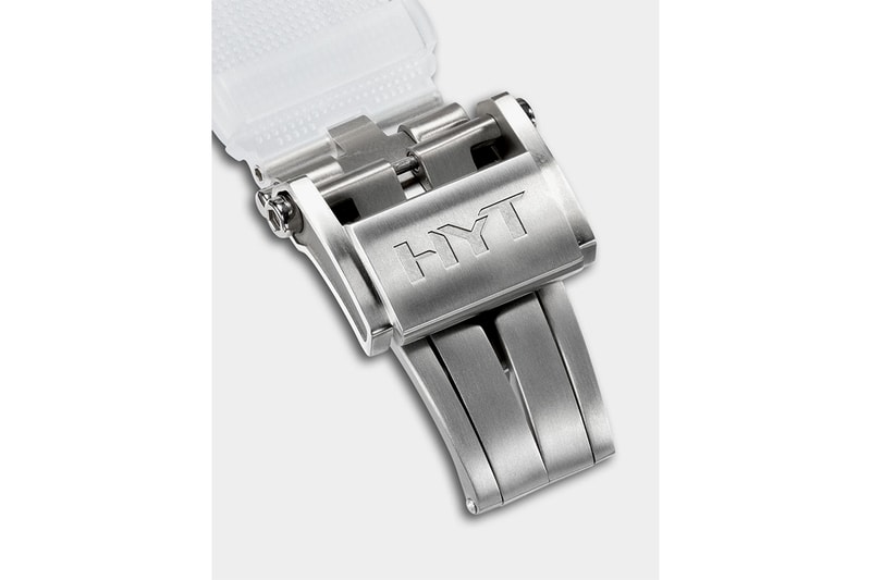HYT H0 "Time Is Precious" Watch Silver Red sapphire crystal face 30m water resistance mechanical manual-winding movement calibre fragmented monocrystalline dial  Super-Luminova index transparent rubber strap titanium buckle $54000 USD Timepiece