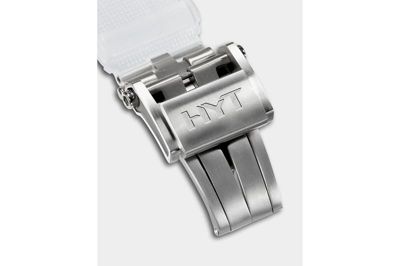 HYT H0 "Time Is Precious" Watch Silver Red sapphire crystal face 30m water resistance mechanical manual-winding movement calibre fragmented monocrystalline dial Super-Luminova index transparent rubber strap titanium buckle $54000 USD Timepiece