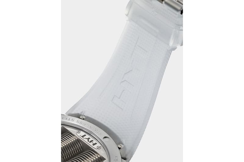 HYT H0 "Time Is Precious" Watch Silver Red sapphire crystal face 30m water resistance mechanical manual-winding movement calibre fragmented monocrystalline dial Super-Luminova index transparent rubber strap titanium buckle $54000 USD Timepiece