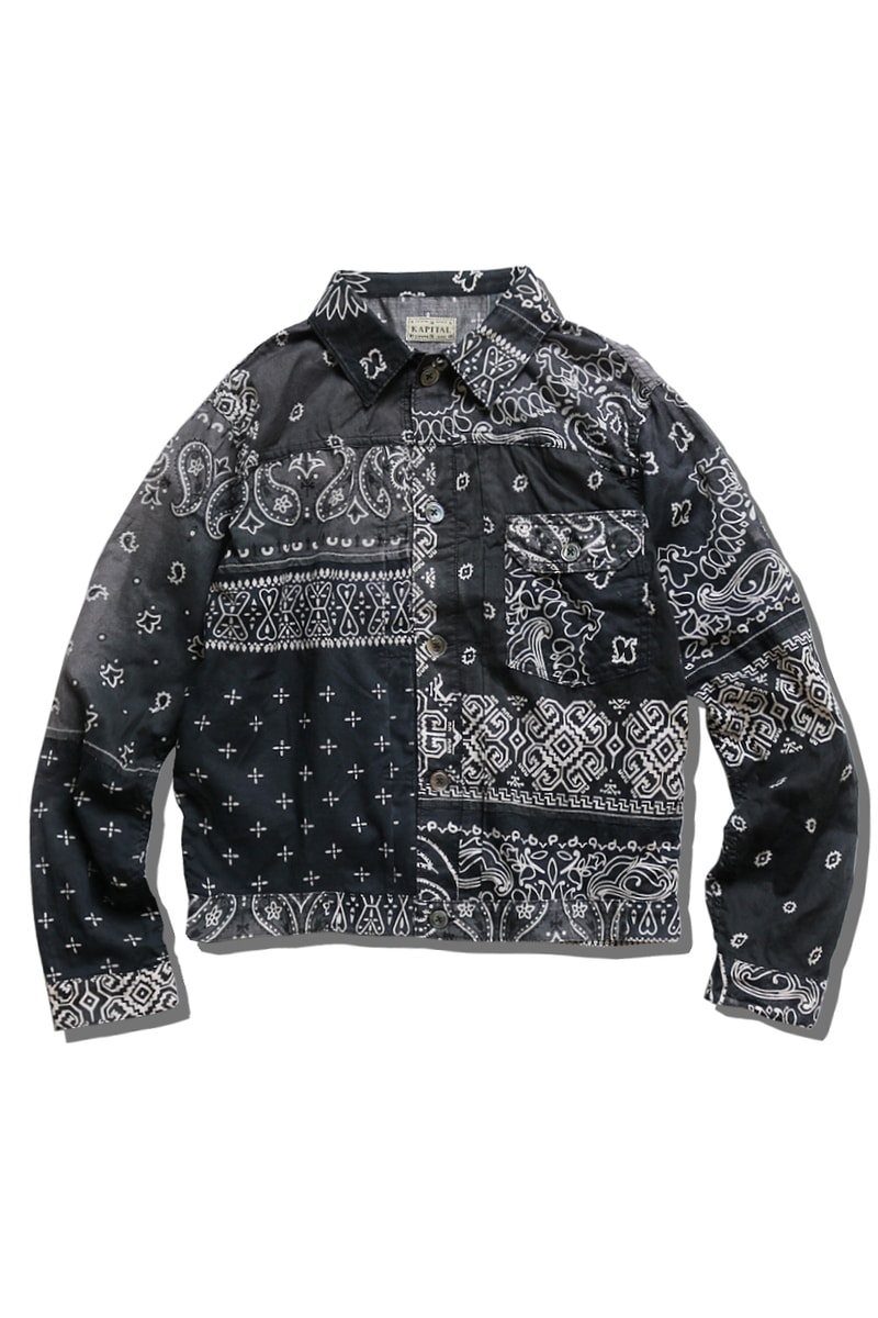 KAPITAL gauze Bandana Patchwork Trucker Jackets purple light black navy white yellow green Saxophone