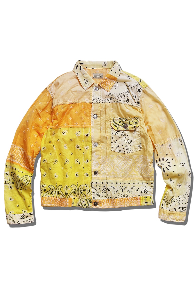 KAPITAL gauze Bandana Patchwork Trucker Jackets purple light black navy white yellow green Saxophone
