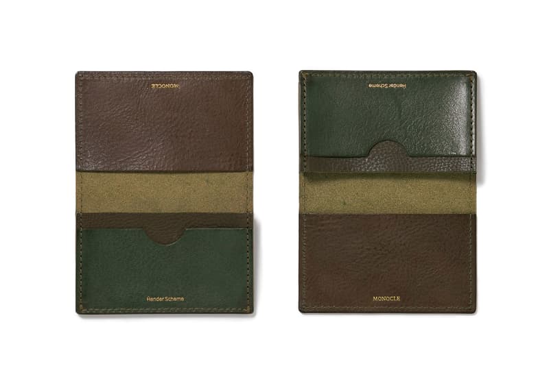 'Monocle' x Hender Scheme Exclusive Collaboration Items leather slippers card case atelier tanned may 3 2019 release date drop info buy olive green color