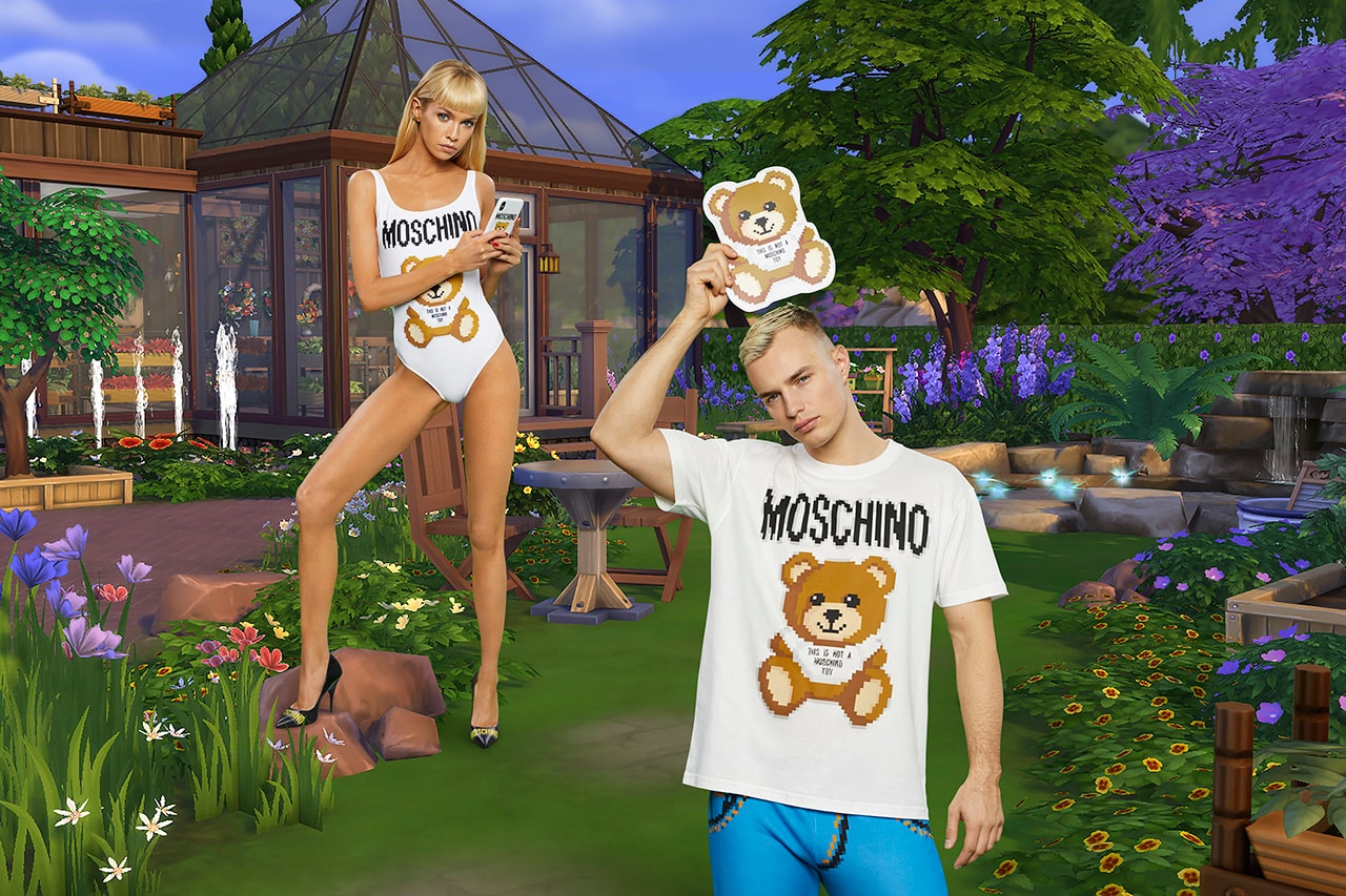 Moschino The Sims Collaboration Spring Summer 2019 SS19 Release Capsule Collection Jeremy Scott Palm Springs Desert Party Plumbob bathing suit Freezer Bunny cell phone cover Uni-Lama T-shirt EA Games