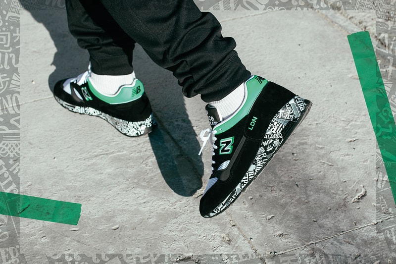 New Balance Made in England 1500 "Virgin Money London Marathon" Sneaker Release Special Limited Edition Information Closer Look Footwear Drops Footpatrol End Clothing Black Green Suede White Mesh Embroidered Premium Branding Text ENCAP Sole