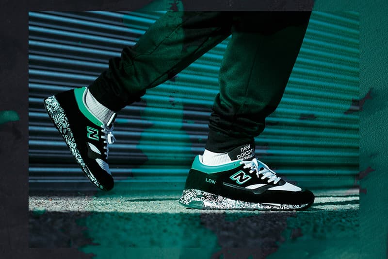 New Balance Made in England 1500 "Virgin Money London Marathon" Sneaker Release Special Limited Edition Information Closer Look Footwear Drops Footpatrol End Clothing Black Green Suede White Mesh Embroidered Premium Branding Text ENCAP Sole