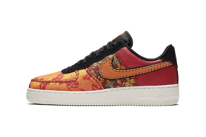 Nike Air Force 1 Gym Red/Orange/Black/Canyon Gold AT4144-601 Ornate Detailing Bespoke Baroque Premium Reptilian Snake Skin Quarter Swoosh Stain Glass Satin Mini Swoosh Exposed Stitching