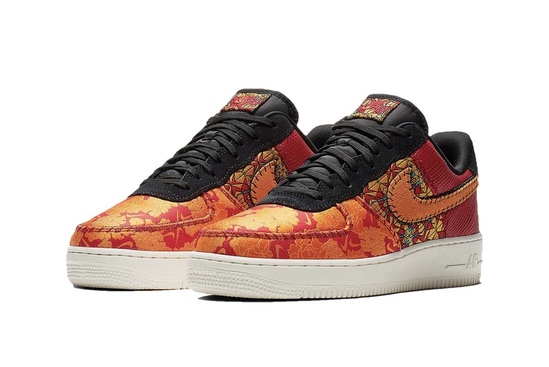 Nike Air Force 1 Gym Red/Orange/Black/Canyon Gold AT4144-601 Ornate Detailing Bespoke Baroque Premium Reptilian Snake Skin Quarter Swoosh Stain Glass Satin Mini Swoosh Exposed Stitching