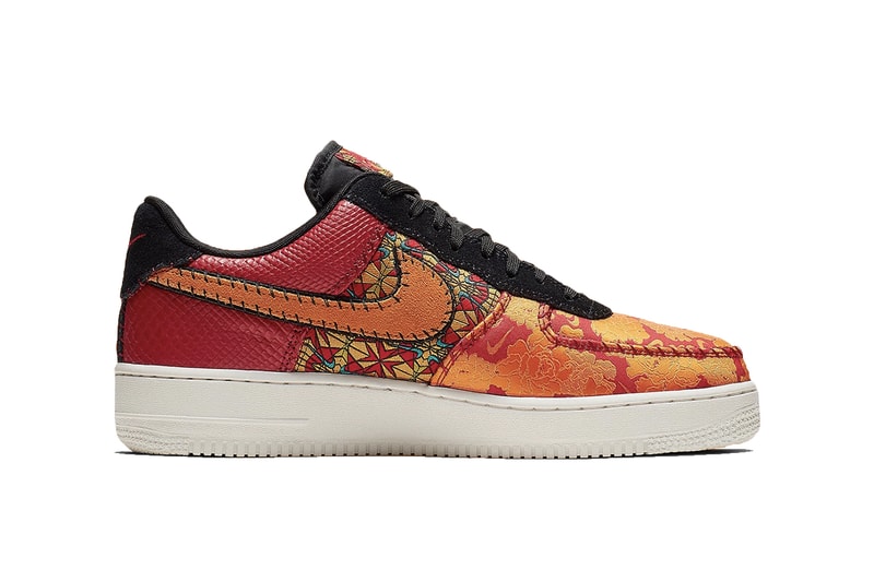 Nike Air Force 1 Gym Red/Orange/Black/Canyon Gold AT4144-601 Ornate Detailing Bespoke Baroque Premium Reptilian Snake Skin Quarter Swoosh Stain Glass Satin Mini Swoosh Exposed Stitching