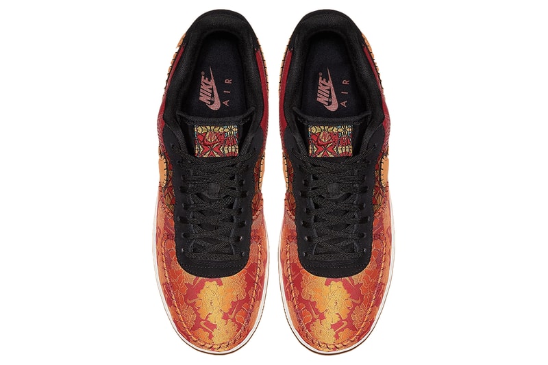 Nike Air Force 1 Gym Red/Orange/Black/Canyon Gold AT4144-601 Ornate Detailing Bespoke Baroque Premium Reptilian Snake Skin Quarter Swoosh Stain Glass Satin Mini Swoosh Exposed Stitching