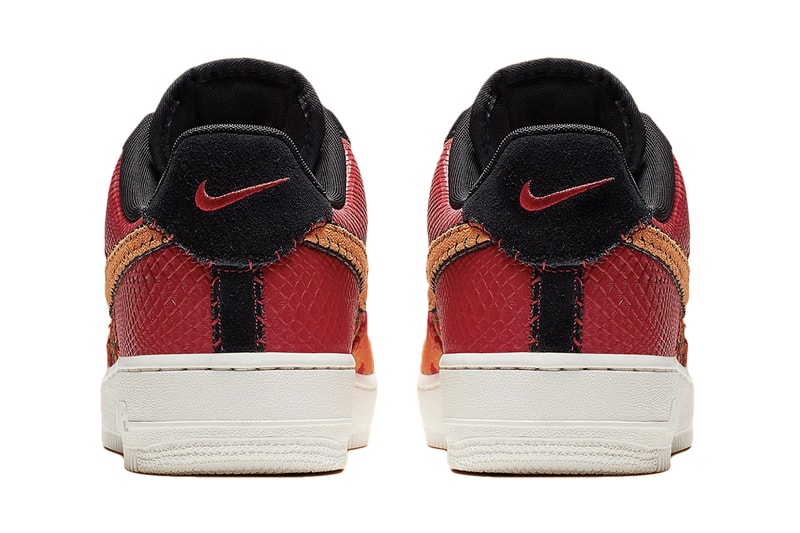 Nike Air Force 1 Gym Red/Orange/Black/Canyon Gold AT4144-601 Ornate Detailing Bespoke Baroque Premium Reptilian Snake Skin Quarter Swoosh Stain Glass Satin Mini Swoosh Exposed Stitching