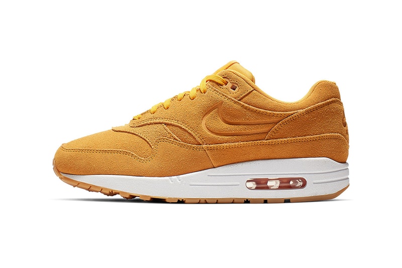 Nike Air Max 1 Premium Yellow Suede Release debossed swooshes 