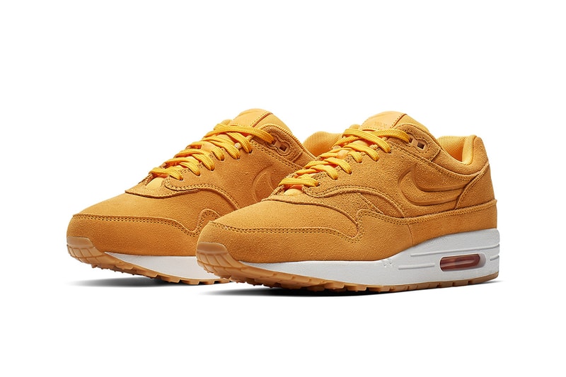 Nike Air Max 1 Premium Yellow Suede Release debossed swooshes 