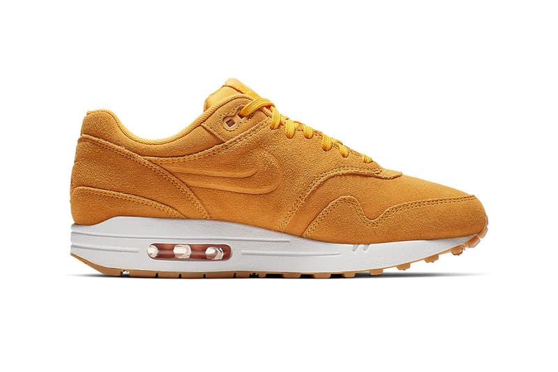 Nike Air Max 1 Premium Yellow Suede Release debossed swooshes 