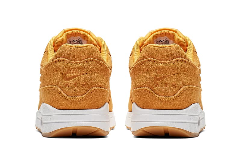 Nike Air Max 1 Premium Yellow Suede Release debossed swooshes 