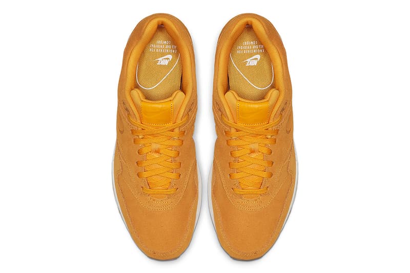 Nike Air Max 1 Premium Yellow Suede Release debossed swooshes 