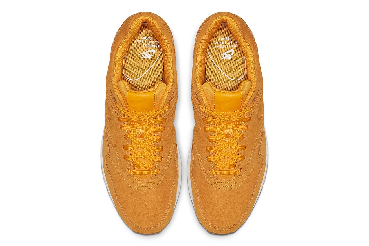 Nike Air Max 1 Premium Yellow Suede Release debossed swooshes 