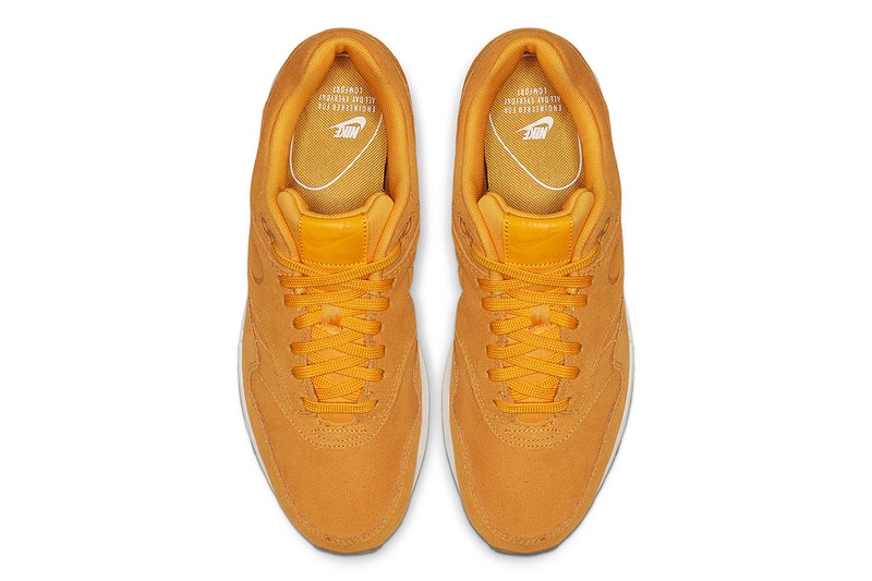 Nike Air Max 1 Premium Yellow Suede Release debossed swooshes 