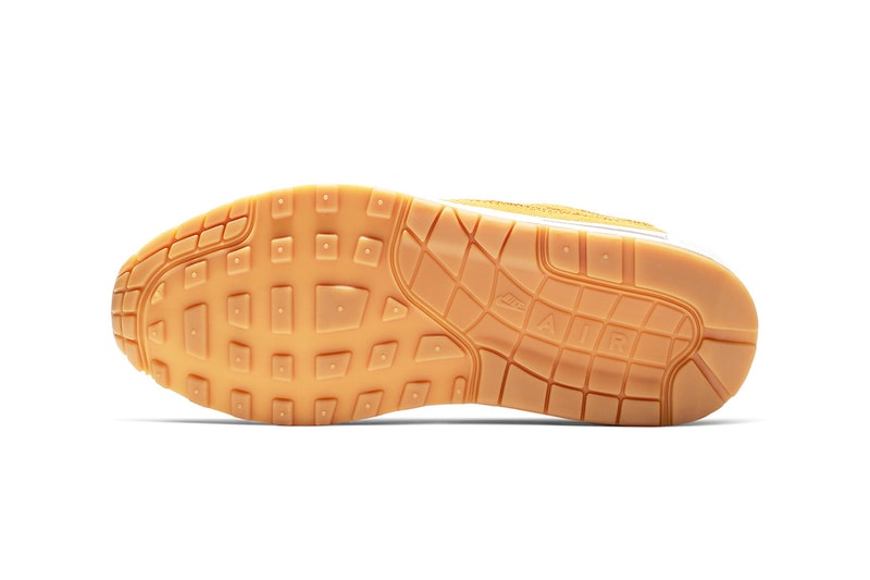 Nike Air Max 1 Premium Yellow Suede Release debossed swooshes 