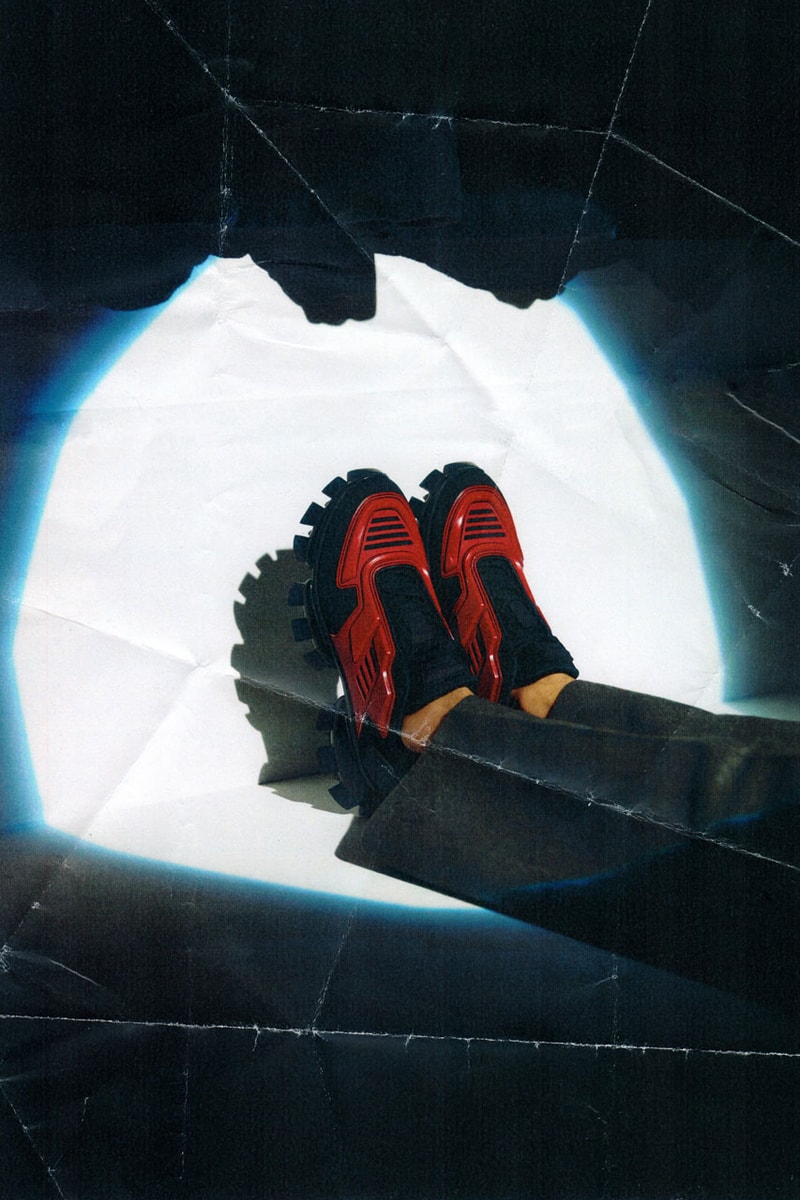 Prada Cloudbust Thunder Spring/Sumer 2019 Lookbook chunky sneaker frankenstein red white blue black sneaker shoe lugged sole