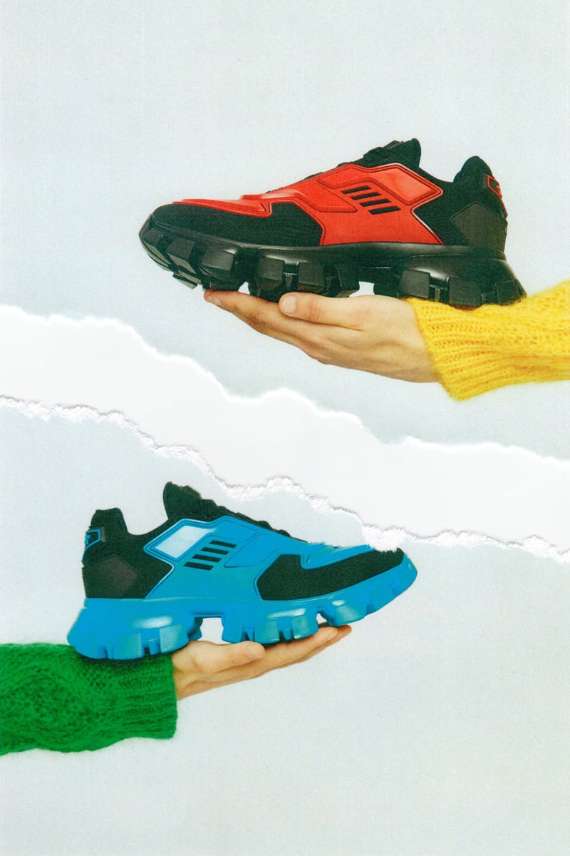 Prada Cloudbust Thunder Spring/Sumer 2019 Lookbook chunky sneaker frankenstein red white blue black sneaker shoe lugged sole