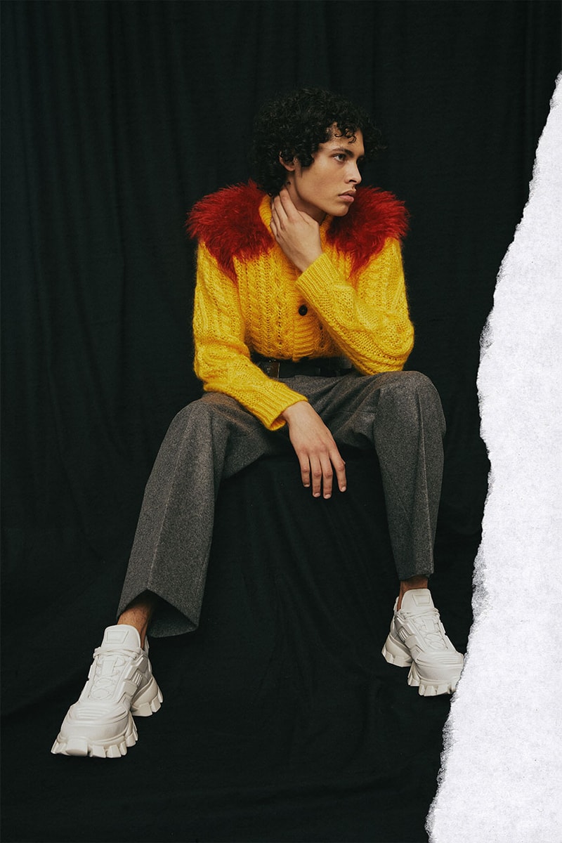 Prada Cloudbust Thunder Spring/Sumer 2019 Lookbook chunky sneaker frankenstein red white blue black sneaker shoe lugged sole