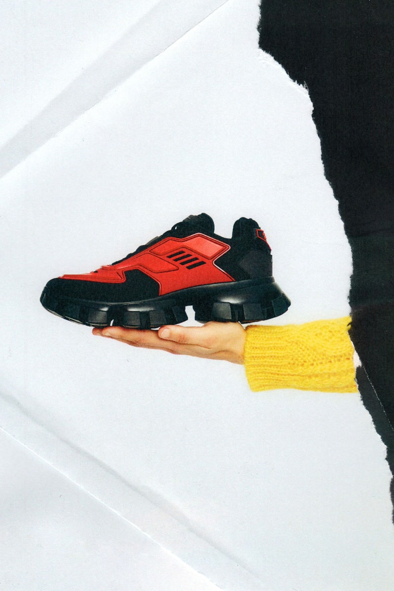 Prada Cloudbust Thunder Spring/Sumer 2019 Lookbook chunky sneaker frankenstein red white blue black sneaker shoe lugged sole