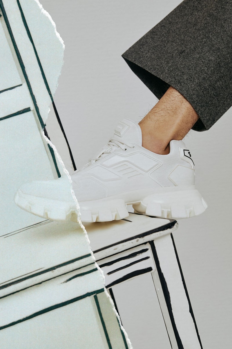 Prada Cloudbust Thunder Spring/Sumer 2019 Lookbook chunky sneaker frankenstein red white blue black sneaker shoe lugged sole