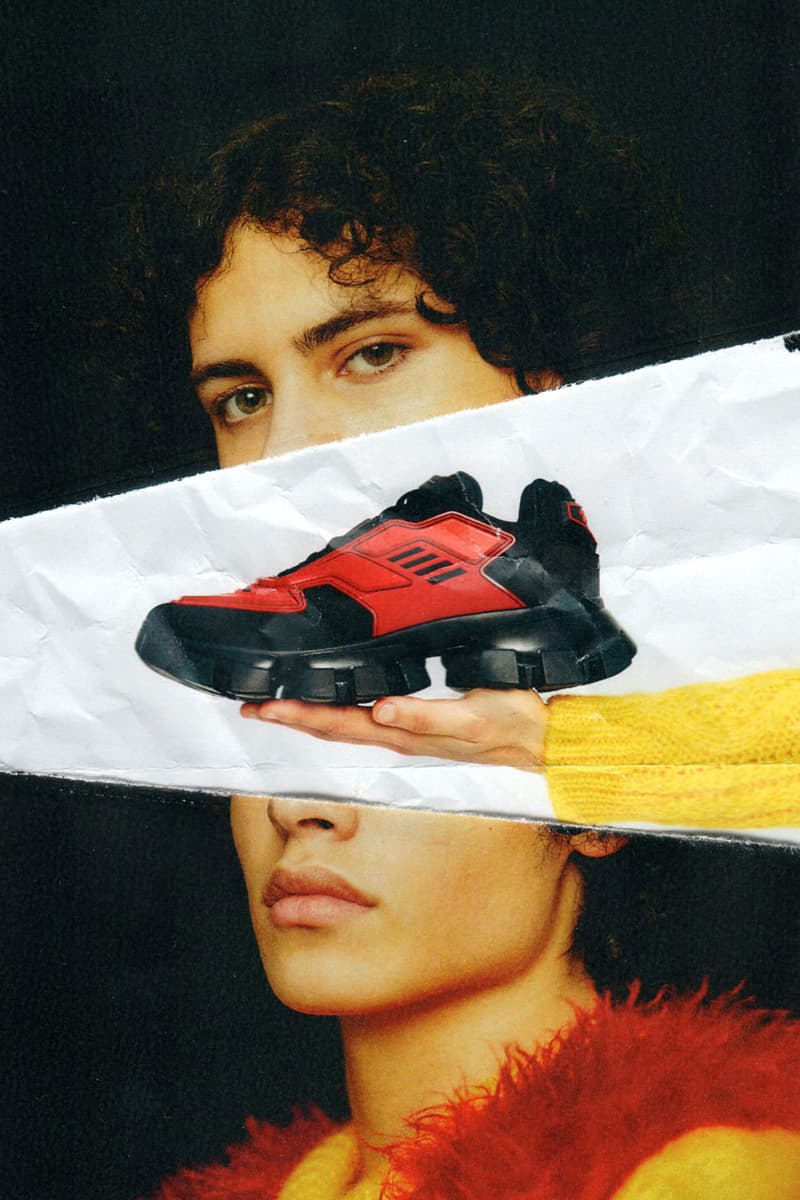 Prada Cloudbust Thunder Spring/Sumer 2019 Lookbook chunky sneaker frankenstein red white blue black sneaker shoe lugged sole