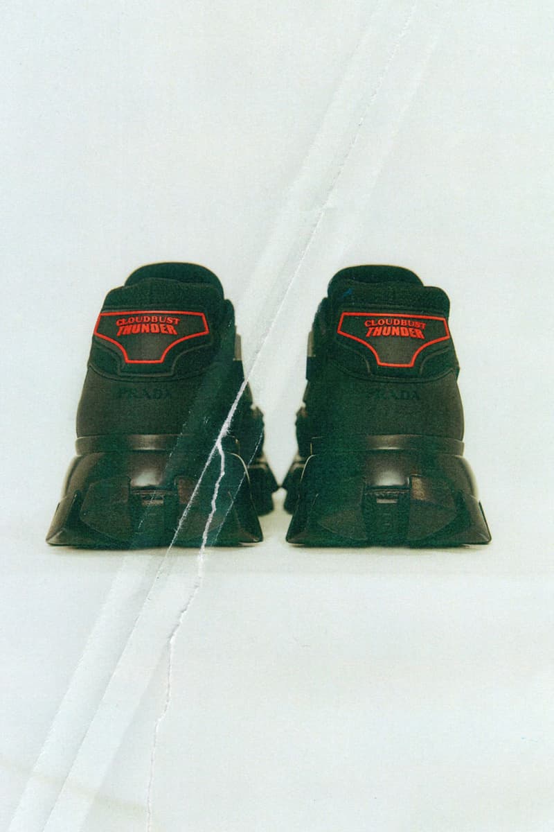 Prada Cloudbust Thunder Spring/Sumer 2019 Lookbook chunky sneaker frankenstein red white blue black sneaker shoe lugged sole