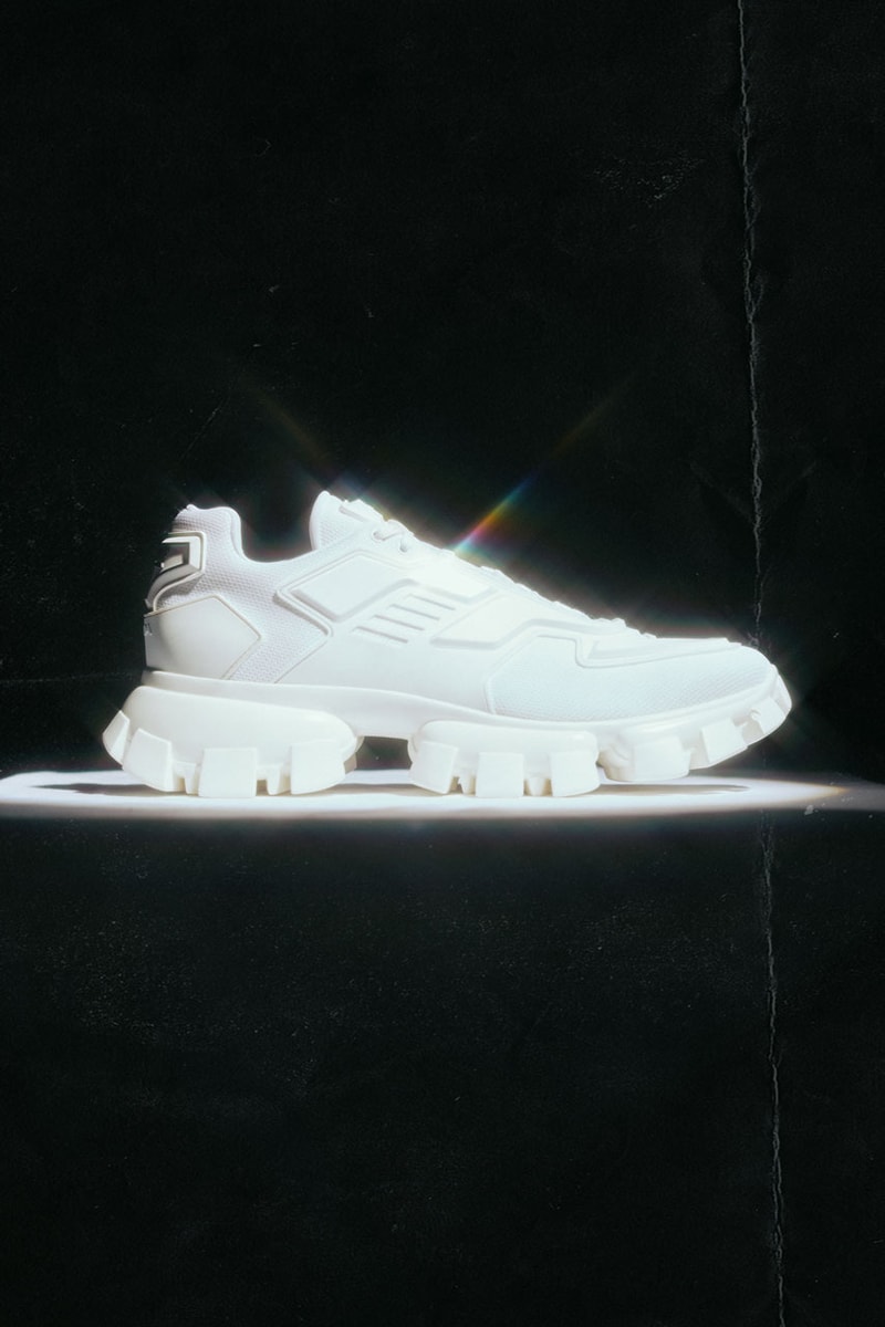 Prada Cloudbust Thunder Spring/Sumer 2019 Lookbook chunky sneaker frankenstein red white blue black sneaker shoe lugged sole