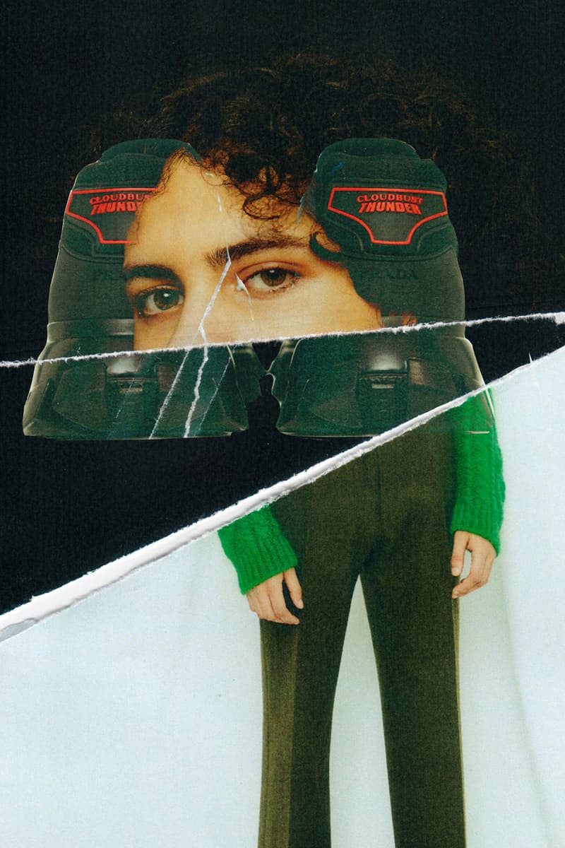 Prada Cloudbust Thunder Spring/Sumer 2019 Lookbook chunky sneaker frankenstein red white blue black sneaker shoe lugged sole