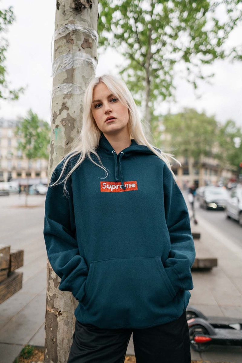Supreme x Swarovski Box Logo Anniversary Drop collection on body hoodie tee shirt release day april 25 2019 exclusive france paris day model colorway crystal