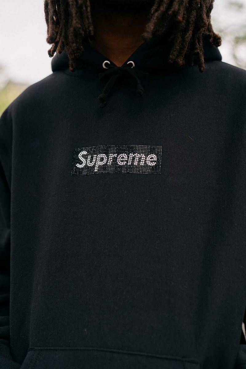 Supreme x Swarovski Box Logo Anniversary Drop collection on body hoodie tee shirt release day april 25 2019 exclusive france paris day model colorway crystal