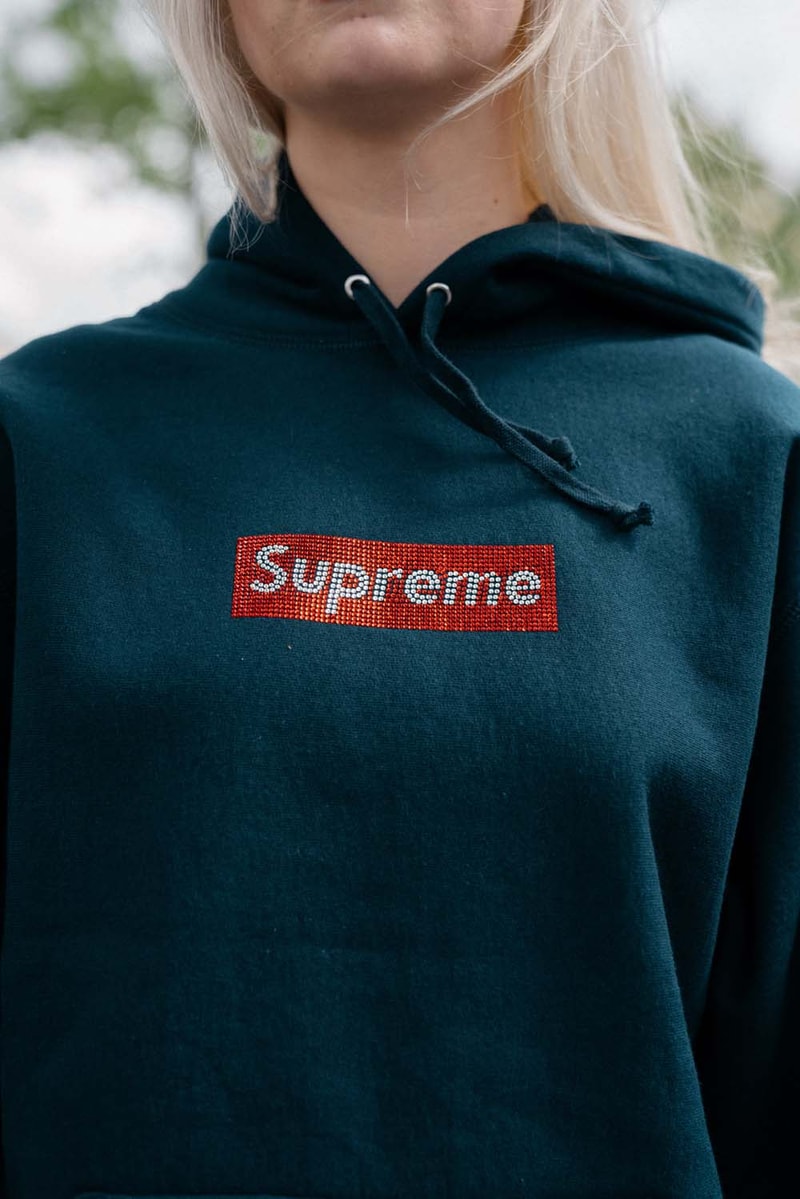 Supreme x Swarovski Box Logo Anniversary Drop collection on body hoodie tee shirt release day april 25 2019 exclusive france paris day model colorway crystal
