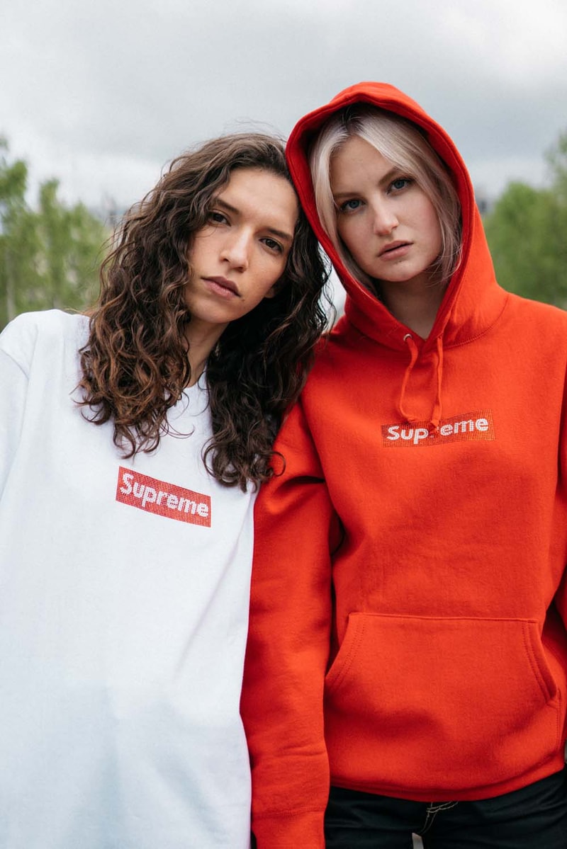Supreme x Swarovski Box Logo Anniversary Drop collection on body hoodie tee shirt release day april 25 2019 exclusive france paris day model colorway crystal