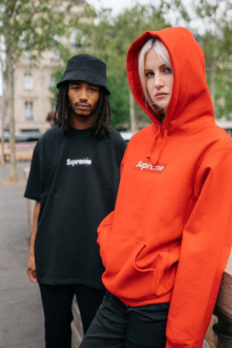 Supreme x Swarovski Box Logo Anniversary Drop collection on body hoodie tee shirt release day april 25 2019 exclusive france paris day model colorway crystal