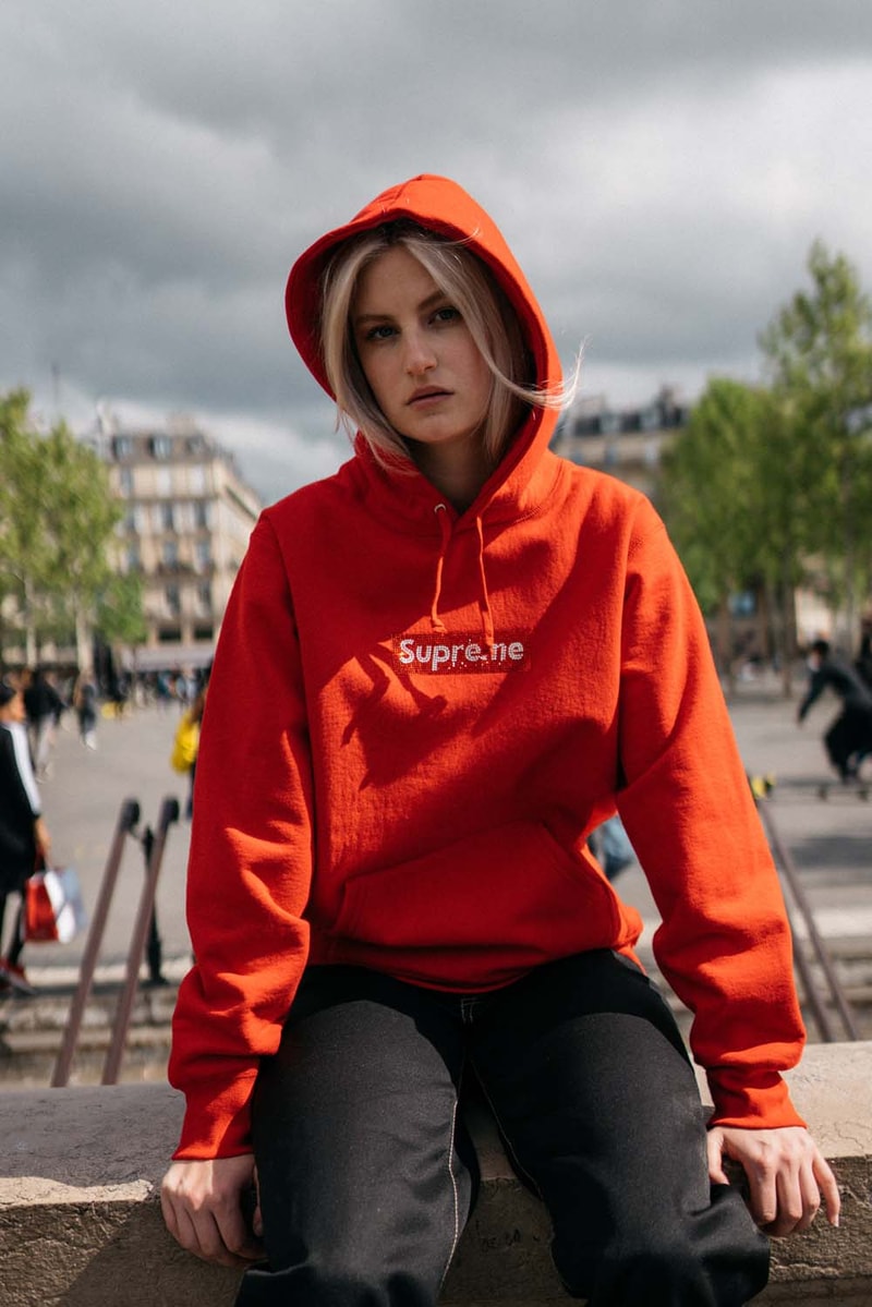 Supreme x Swarovski Box Logo Anniversary Drop collection on body hoodie tee shirt release day april 25 2019 exclusive france paris day model colorway crystal
