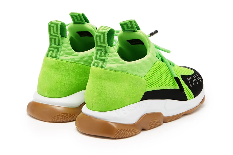 Versace Cross Chainer Sneaker SS19 Spring Summer 2019 Runway Lime Green Chain Reaction Hybrid Mesh Neoprene Suede 3M Brail Greca-jacquard Chunky Sneaker Dad Runner High End Fashion Release Information Drop Date Cop
