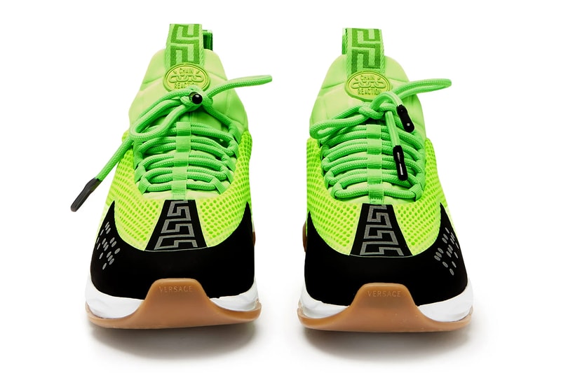 Versace Cross Chainer Sneaker SS19 Spring Summer 2019 Runway Lime Green Chain Reaction Hybrid Mesh Neoprene Suede 3M Brail Greca-jacquard Chunky Sneaker Dad Runner High End Fashion Release Information Drop Date Cop