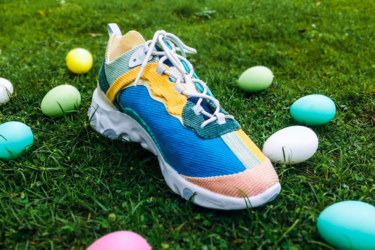 XYLAR Studio Nike React Element 87 Easter Corduroy custom shoe 1 of 1 one-of-a-kind xylar chan Easter holiday eggs 