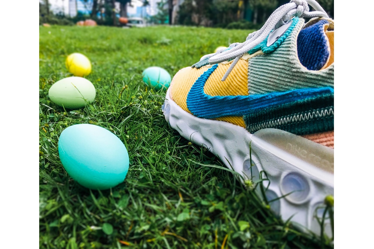XYLAR Studio Nike React Element 87 Easter Corduroy custom shoe 1 of 1 one-of-a-kind xylar chan Easter holiday eggs 