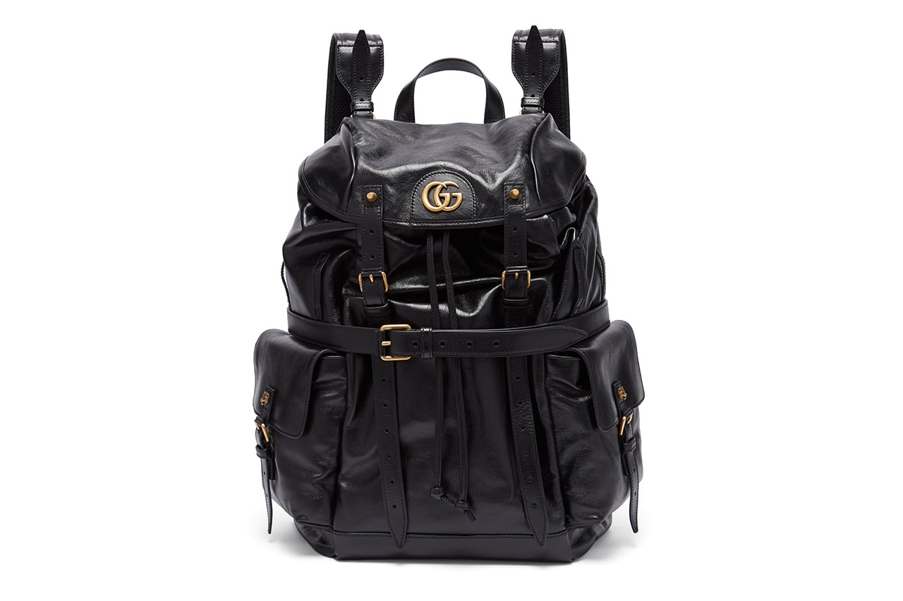 Gucci GG Plaque Crinkled Leather Backpack Info Available Online Purchase Cop Buy Matches Matchesfasion MATCHESFASHION.COM Bags Tiger Head Studs Straps