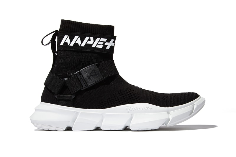 AAPE BY A BATHING APE AAPE+ SS19 FOOTWEAR COLLECTION sneakers sock like ankles bape black white rainbow knit white olive