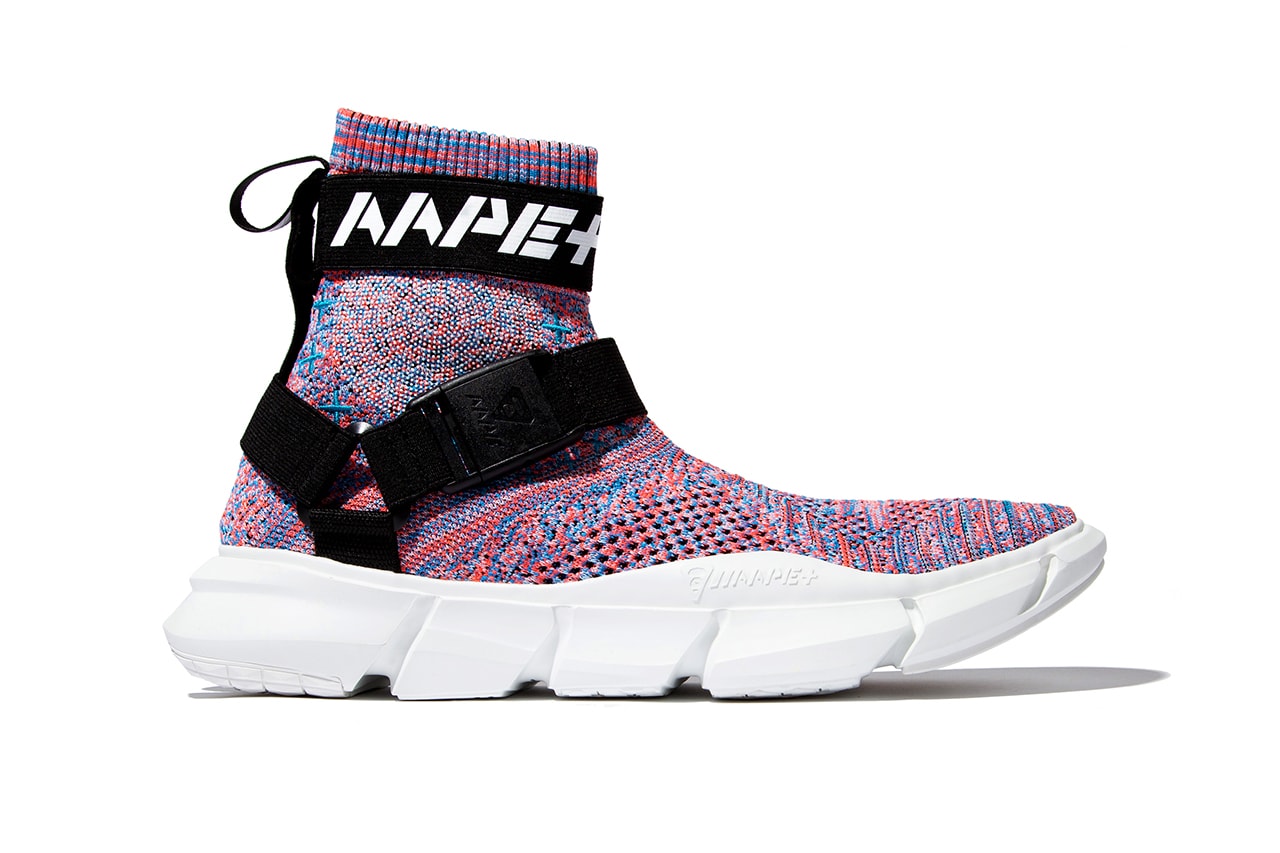 AAPE BY A BATHING APE AAPE+ SS19 FOOTWEAR COLLECTION sneakers sock like ankles bape black white rainbow knit white olive