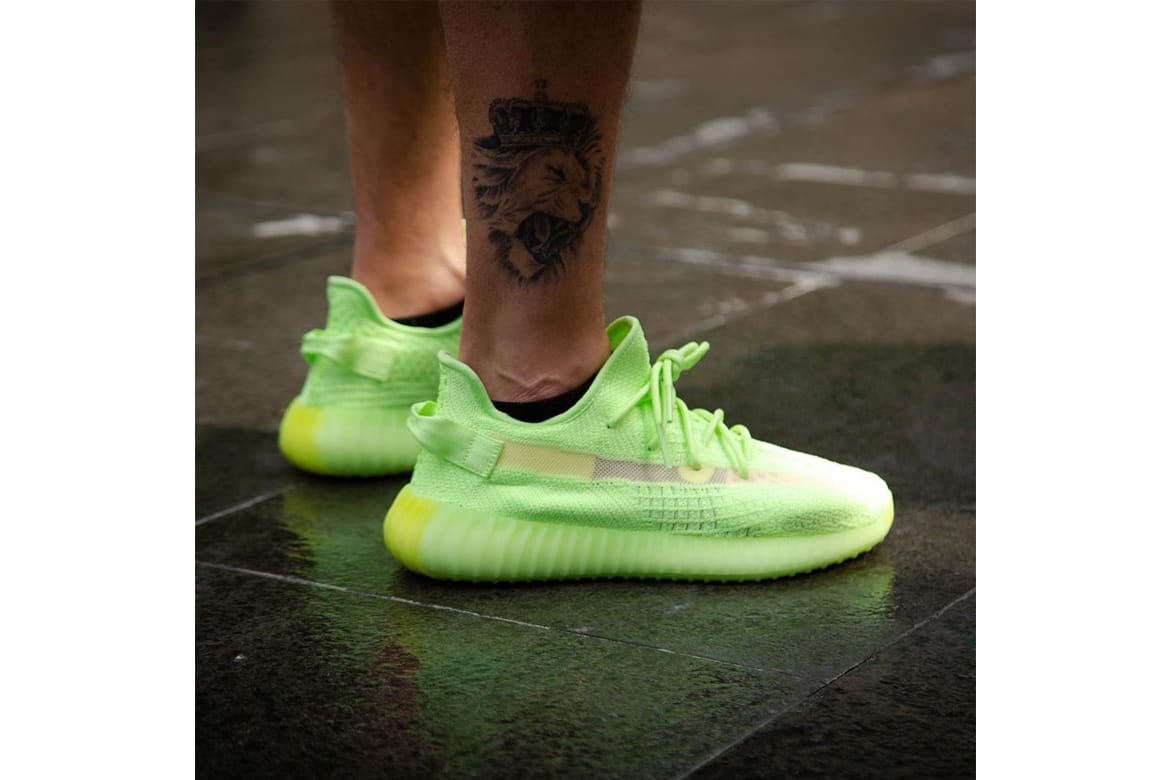 yeezy green on feet