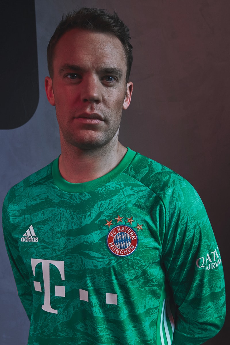FC Bayern Munich 2019/20 Home Jersey Kit Football soccer david alaba serge gnabry manuel neuer adidas red diamond green goalkeeper tiger camo print design buy cop purchase order first look
