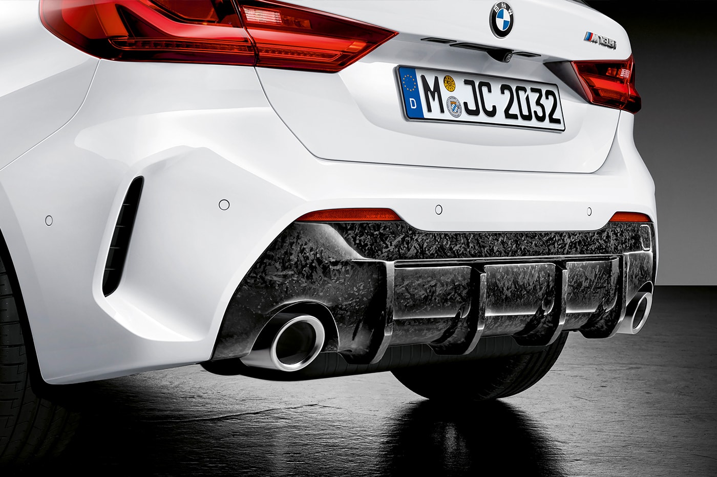 2019 BMW 1 Series M Performance Options parts automotive sports cars racing aerodynamic and exterior components Frozen Black lettering diffuser carbon fibre kidney grille exhaust front splitter spoiler aero flicks BMW M GmbH 