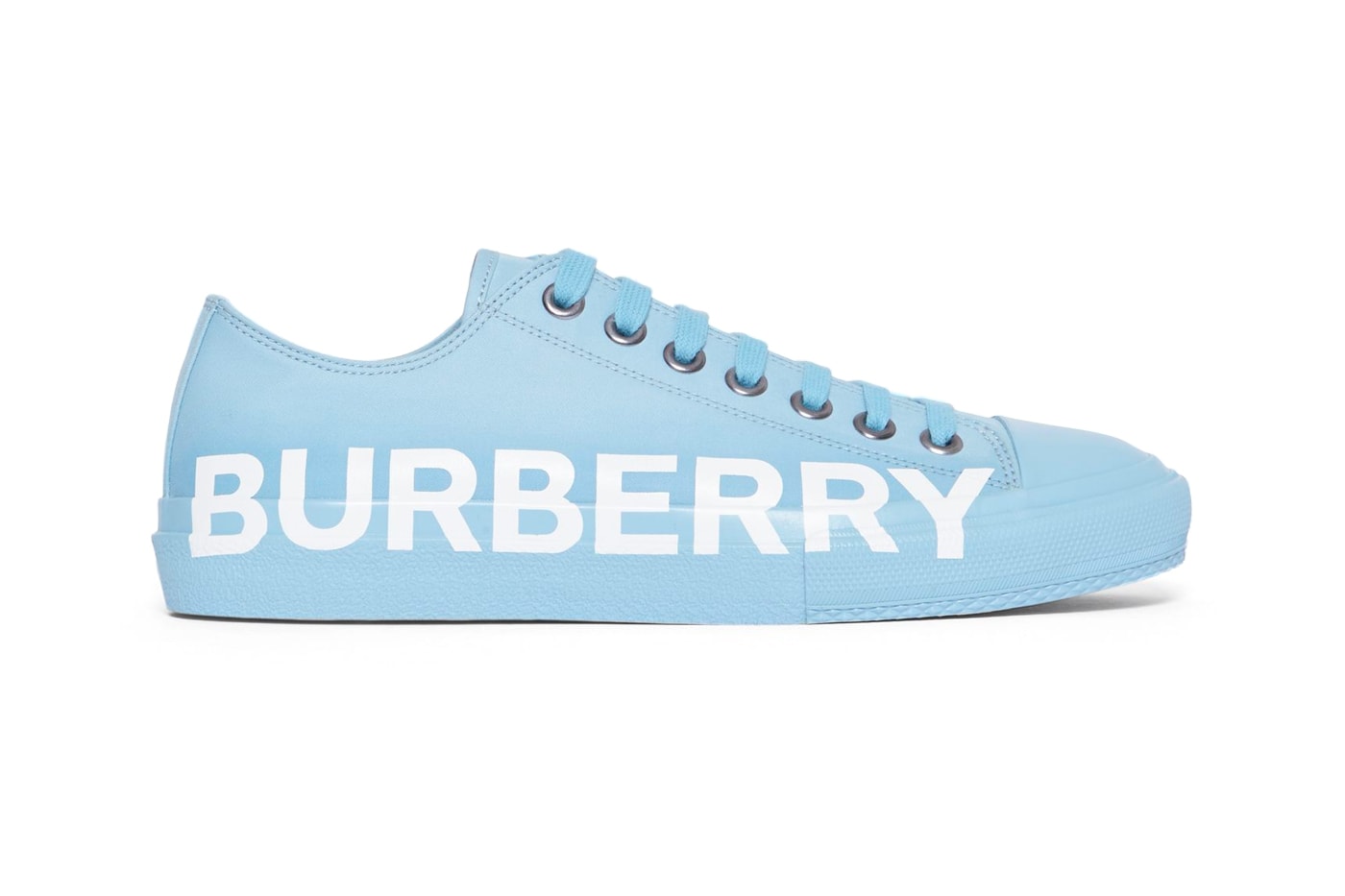 BURBERRY Logo Print Cotton Gabardine Sneakers "Blue overdyed" & "Optic white/black."