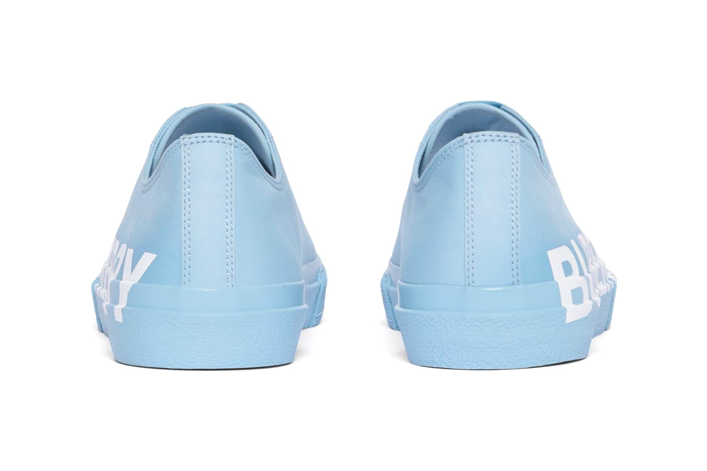 BURBERRY Logo Print Cotton Gabardine Sneakers "Blue overdyed" & "Optic white/black."