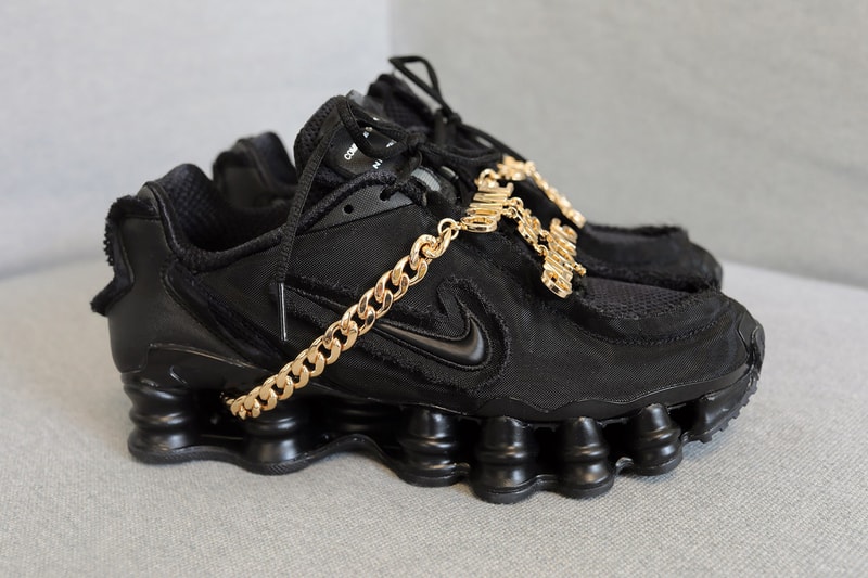 COMME des GARÇONS x Nike Shox TL Closer Look Black Gold Swoosh Japanese White Silver Hardware Chain Footwear Sneaker Release Information